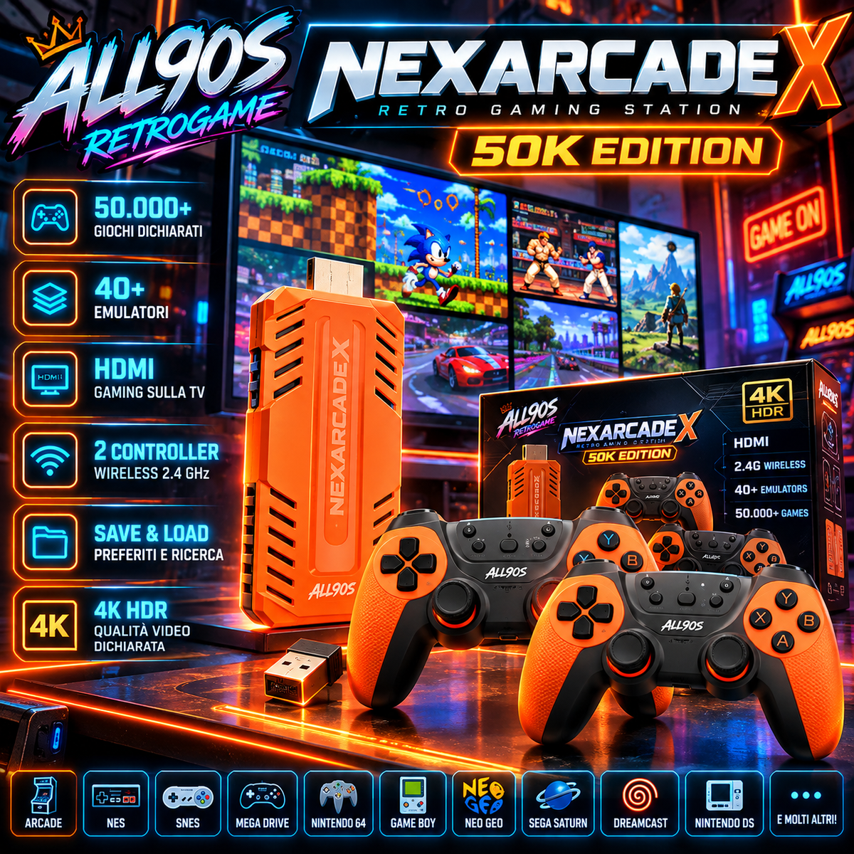 ALL90S NEXARCADE X – Console Retro HDMI Wireless con 2 Controller